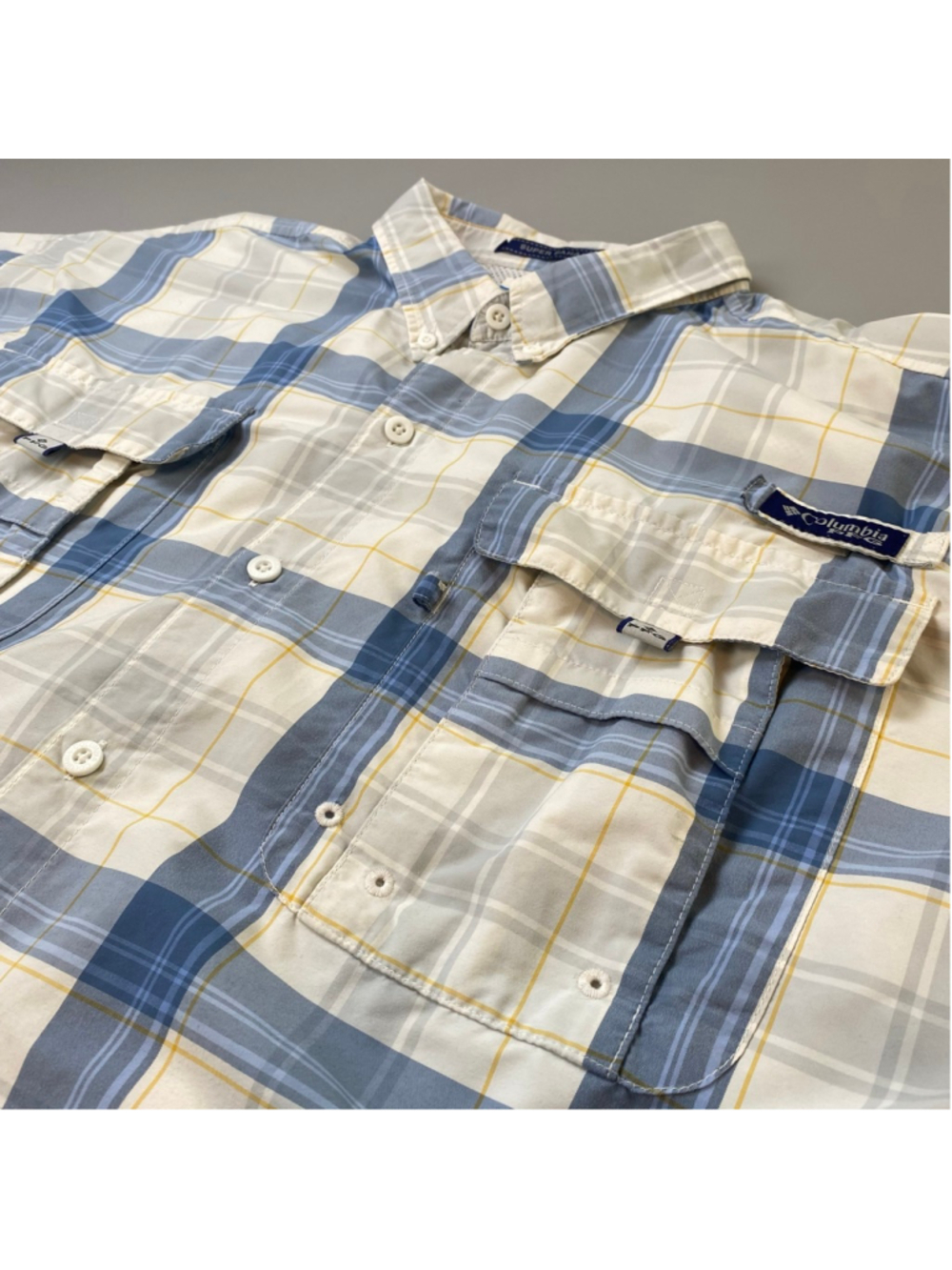 Columbia PFG Shirt XXL White Blue Yellow Plaid Button Down Fishing Super Bahama